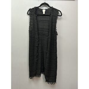 Chico's Sleeveless Duster Cardigan Womens 0 Small Black Open Front Knit Fringe